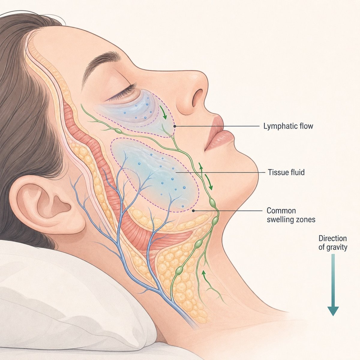 Cross-section showing how lying flat lets fluid pool in the lower face due to gravity