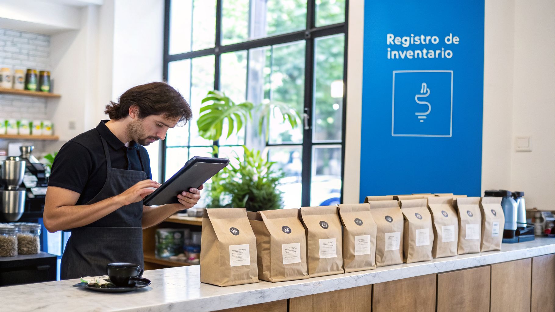 Un barista con delantal usa una tableta para el registro de inventario, con bolsas de café en el mostrador.