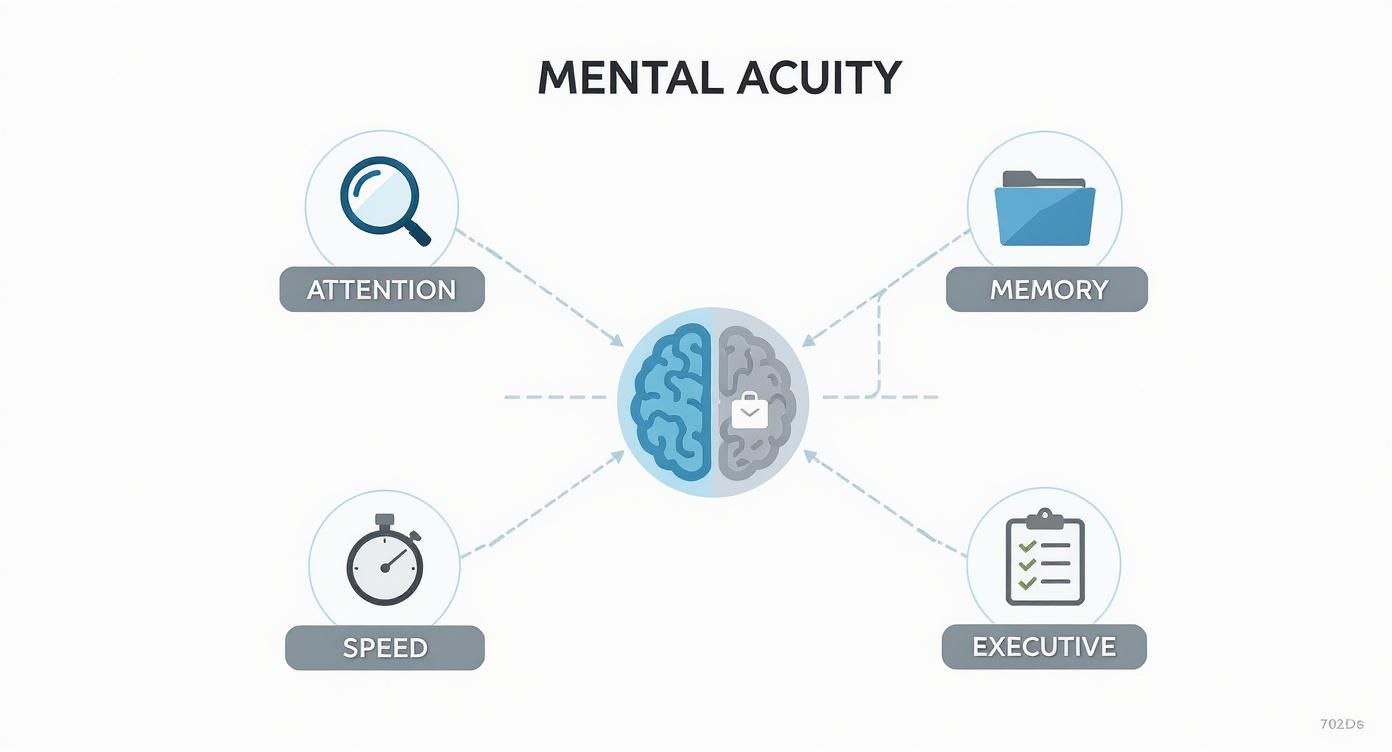 Diagram illustrating mental acuity components: attention, memory, speed, and executive function connected to the brain.