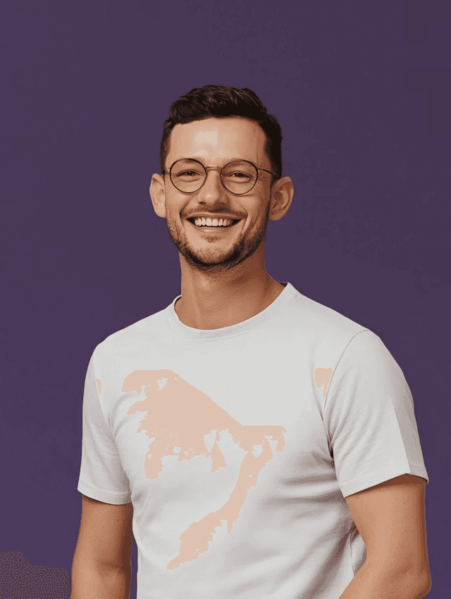 Portrait of James Carter, meditation coach, wearing glasses and a plain white t-shirt.