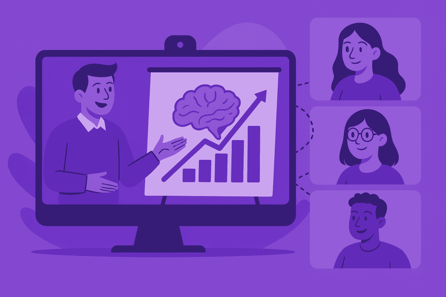 Flat-style digital illustration of a team analyzing productivity data on multiple dashboards with charts and graphs, representing collaboration and data-driven improvement.