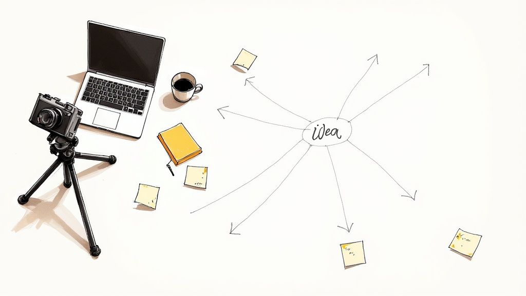 Top-down illustration of a creative desk with a laptop, camera, coffee, and an 'idea' mind map.