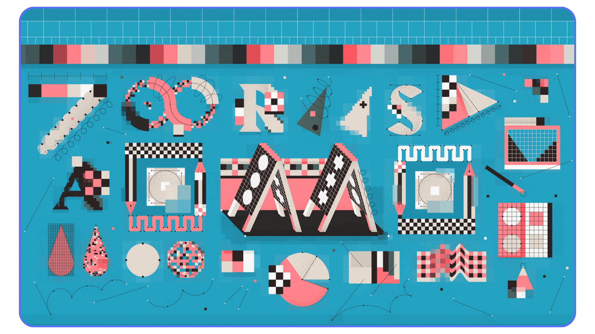 Abstract illustration showing rasterized typography and geometric shapes made from pixel-based elements