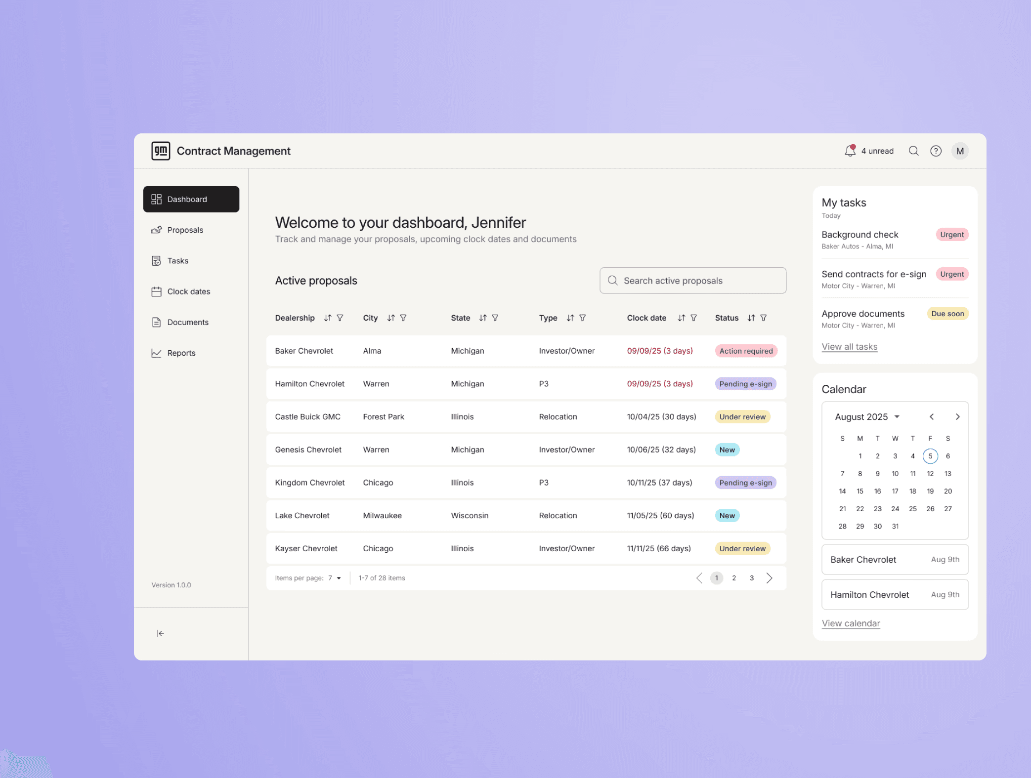 Mockup of contract dashboard