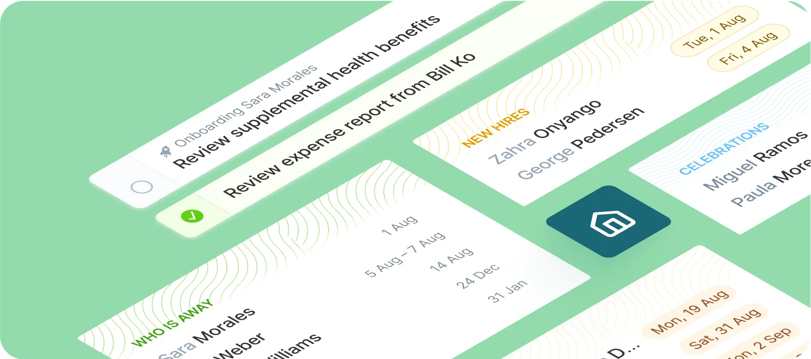 llustration of the new Home dashboard interface featuring task cards, notifications, calendar events, new hires, and celebrations displayed on a sleek green background, representing the redesigned platform experience