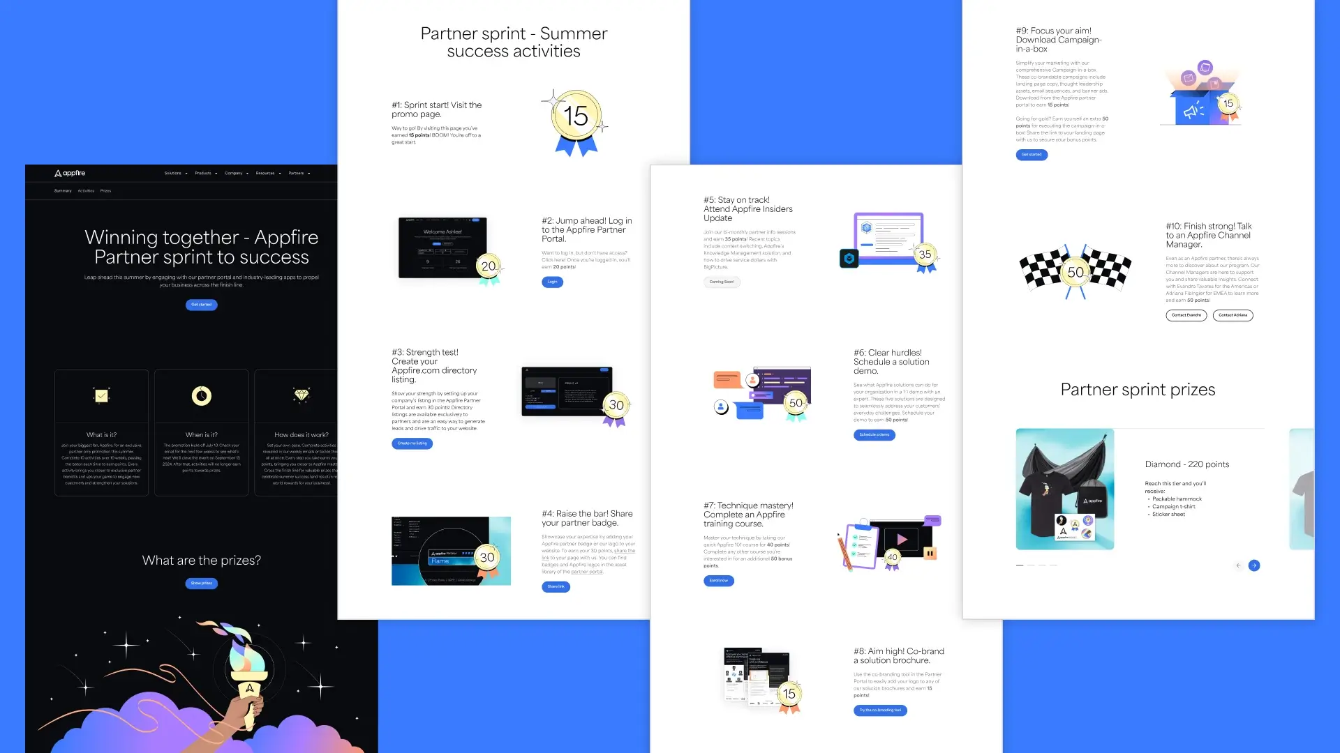 Collage of web pages showcasing a 'Partner Sprint to Success' event. The design features bright graphics, achievement badges, and prize illustrations, conveying a sense of achievement and collaboration."