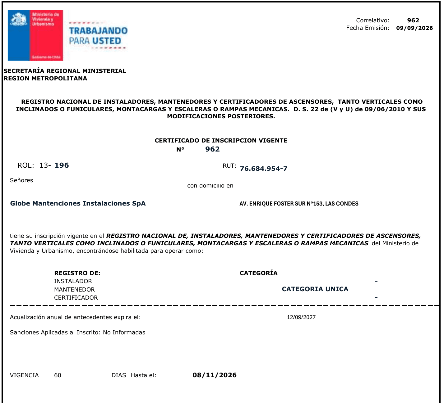 Certificado de inscripción vigente N.º 962 del Registro Nacional de Mantenedores de Ascensores, MINVU