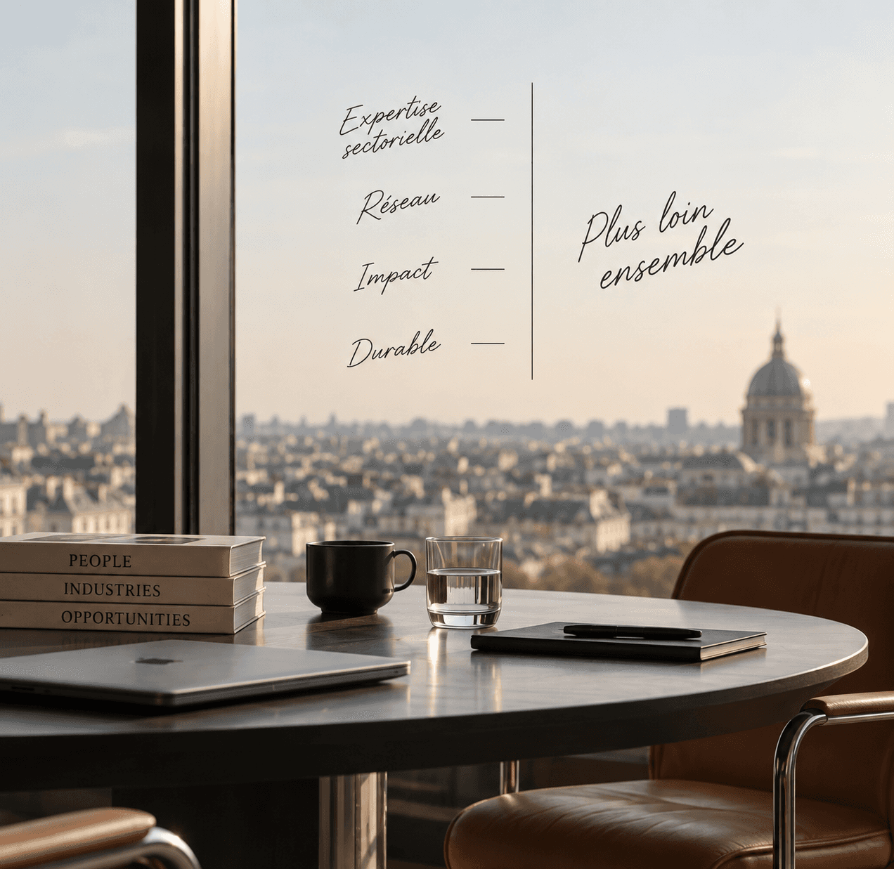 Espace de travail avec vue sur Paris, illustrant l’expertise sectorielle, le réseau et la collaboration au sein de Laroze Partners