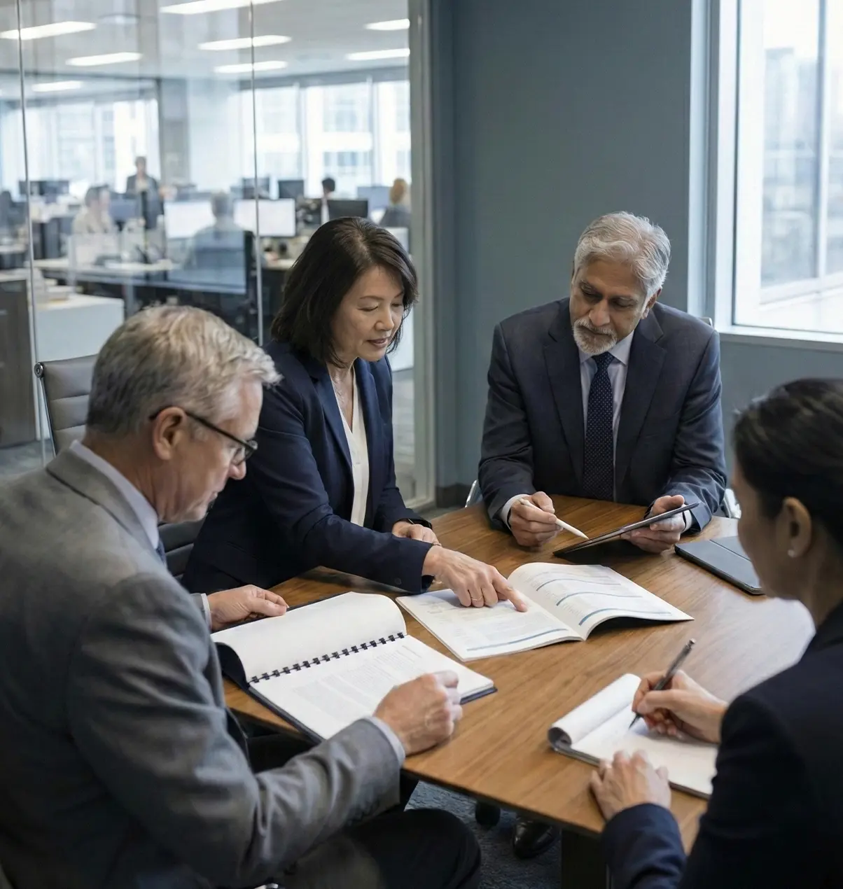 Advisory group members in office meeting