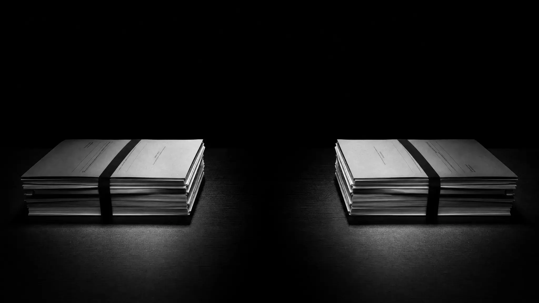 Deux piles de documents juridiques reliés se faisant face, symbole des parties opposées dans un contentieux commercial.
