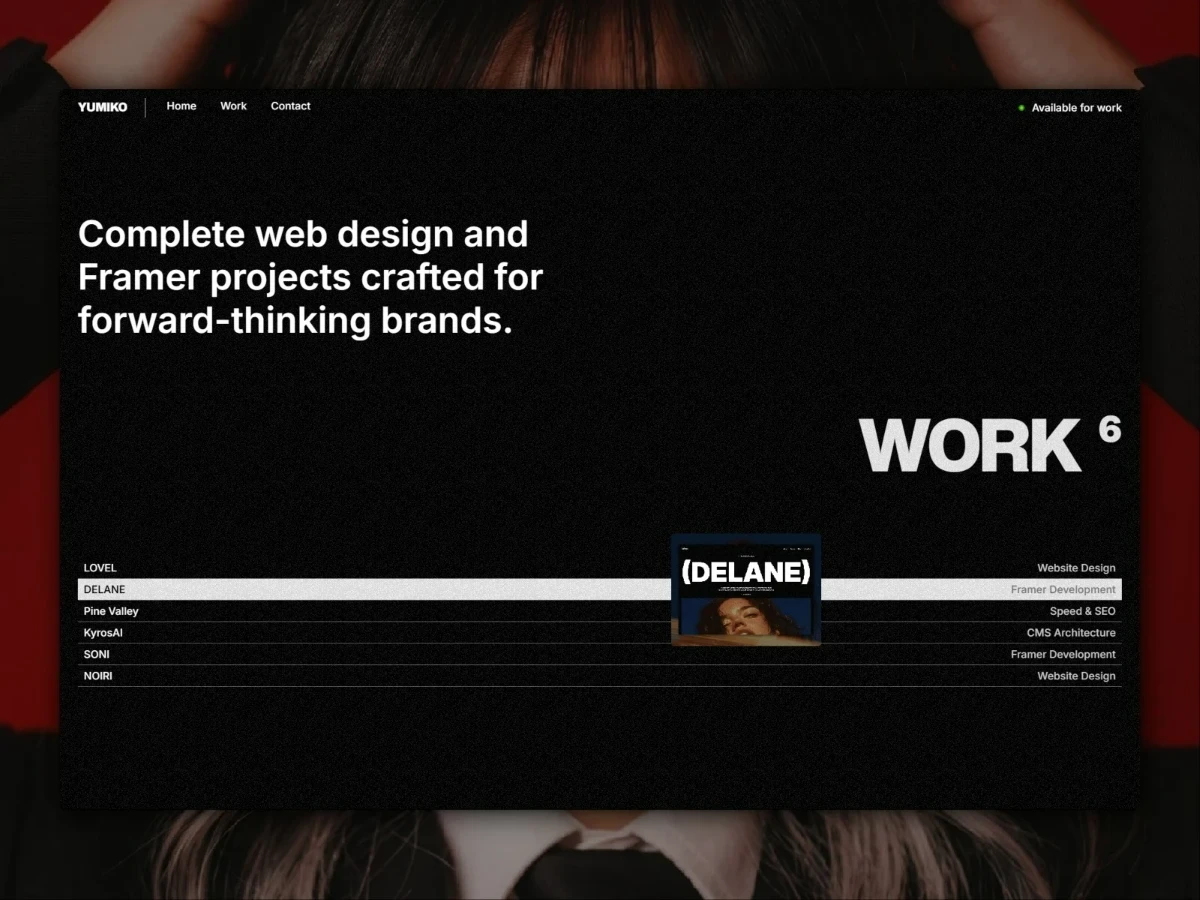 Yumiko portfolio work section highlighting selected web design and Framer projects