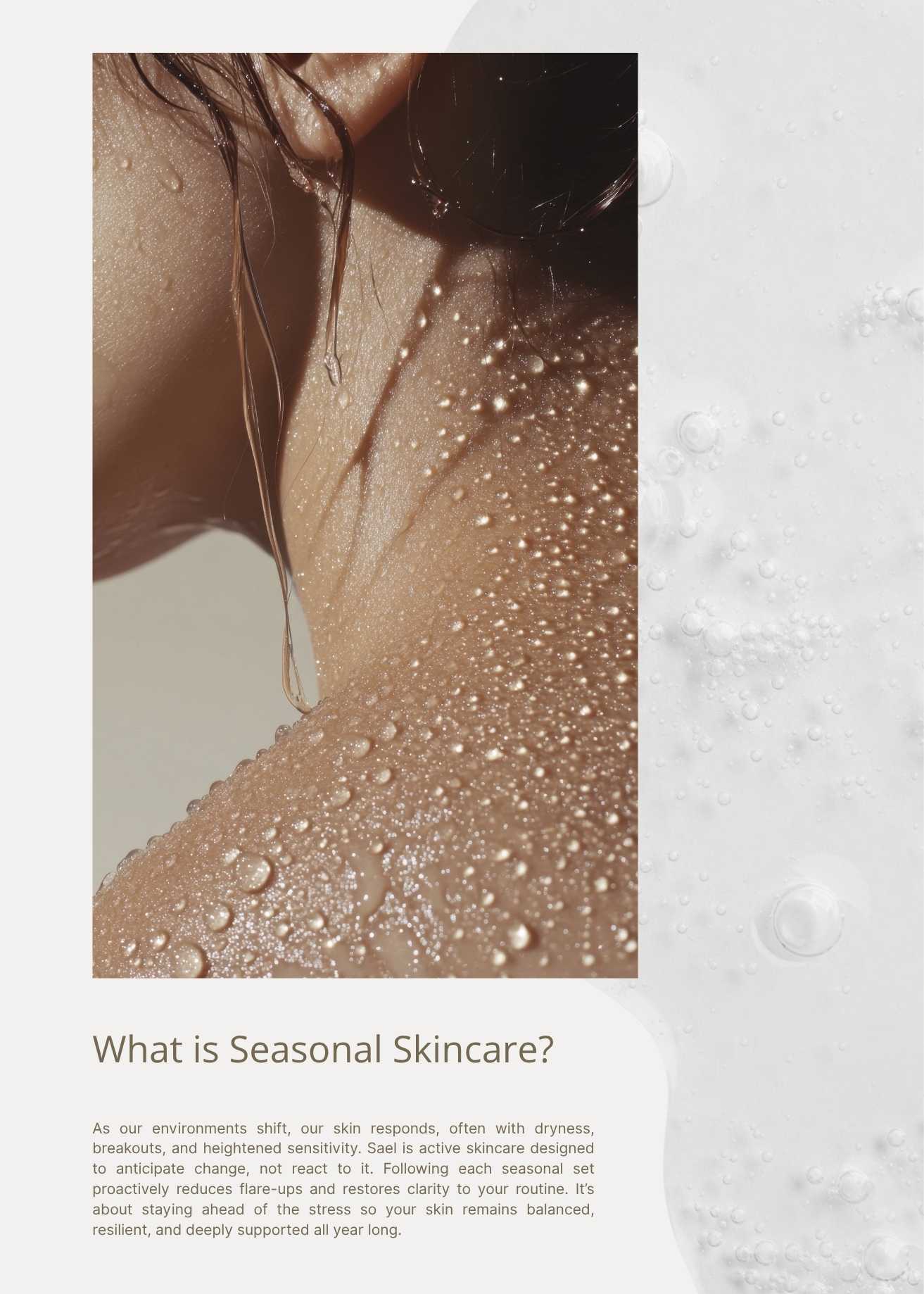 Close-up of hydrated skin with water droplets illustrating Sael’s seasonal skincare approach to moisture and barrier support.