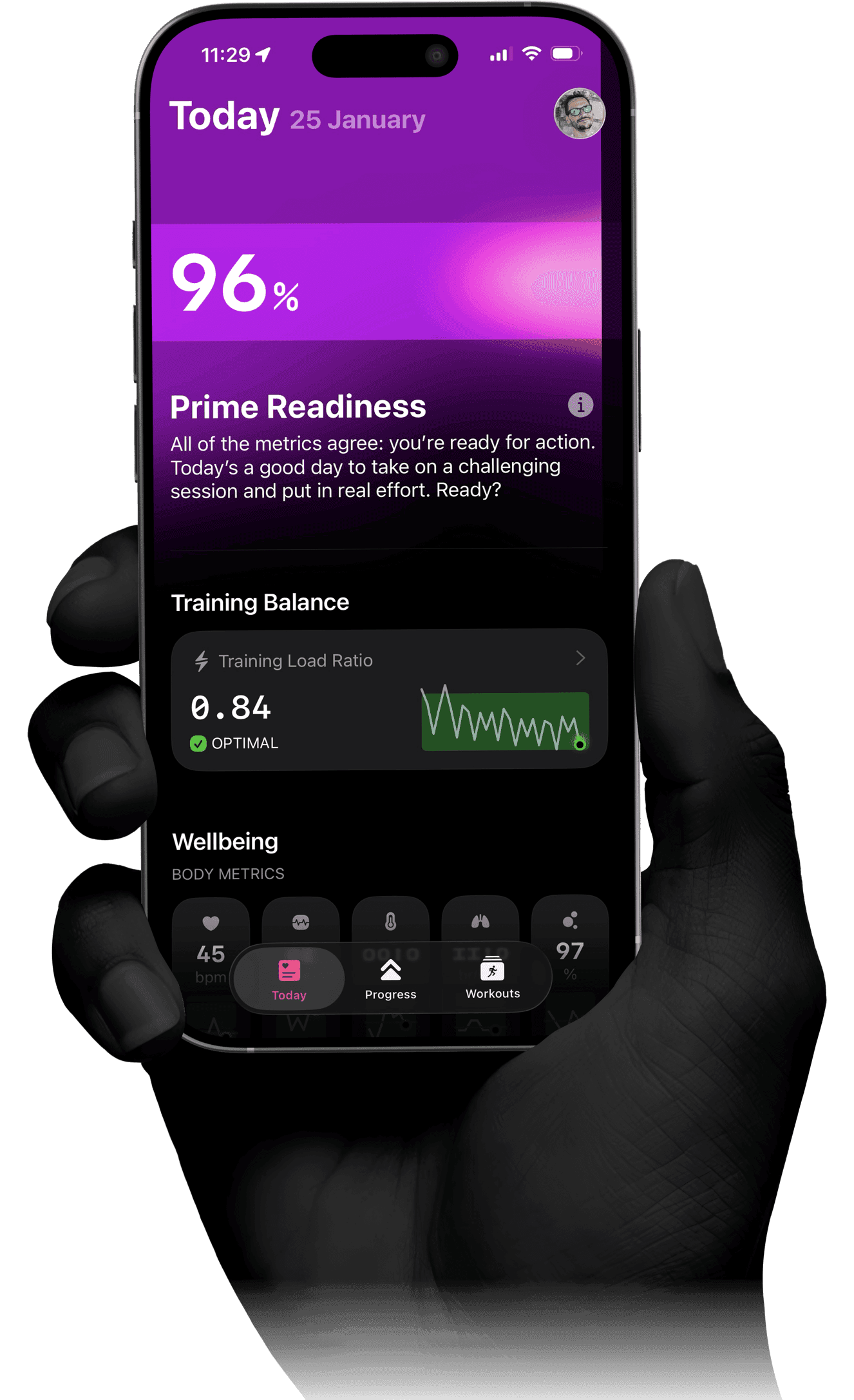 The Outsiders app Today tab showing 96% Training Readiness (Prime status) with actionable guidance for athletes. Training Load Ratio at 0.84 optimal with weekly trend graph. Body metrics display including 45 bpm heart rate and 97% blood oxygen. Training readiness system for cyclists, runners, and endurance athletes combining training load, recovery metrics, and sleep data to guide daily training decisions.