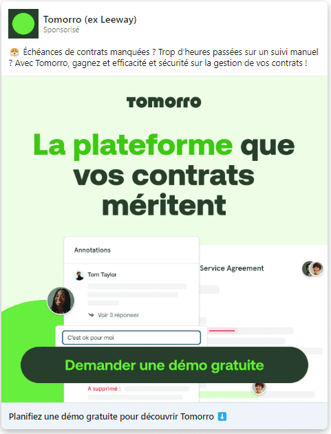 linkedin ads : image demande de démo tomorro