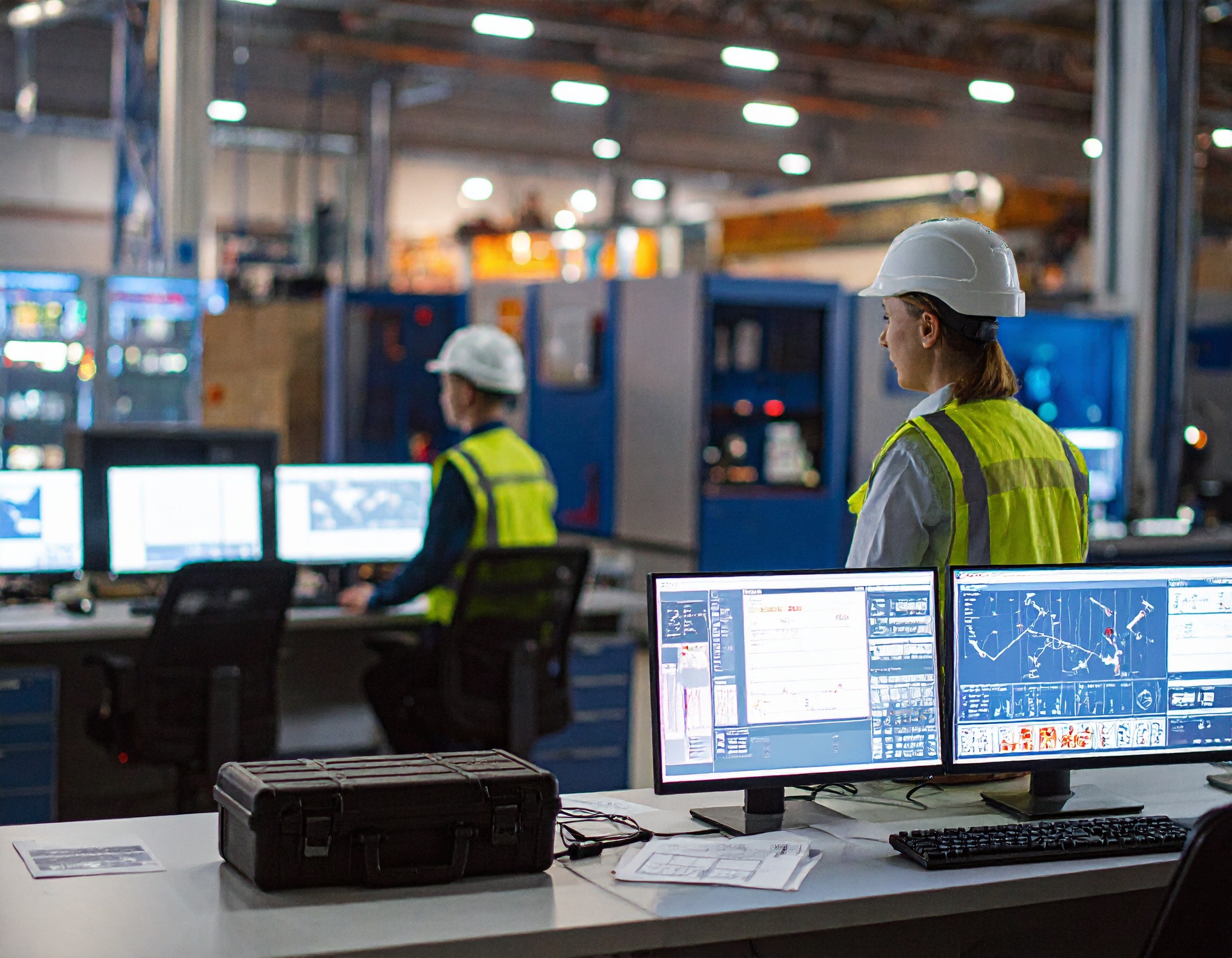 technicians at a manufacturing plant looking at monitors