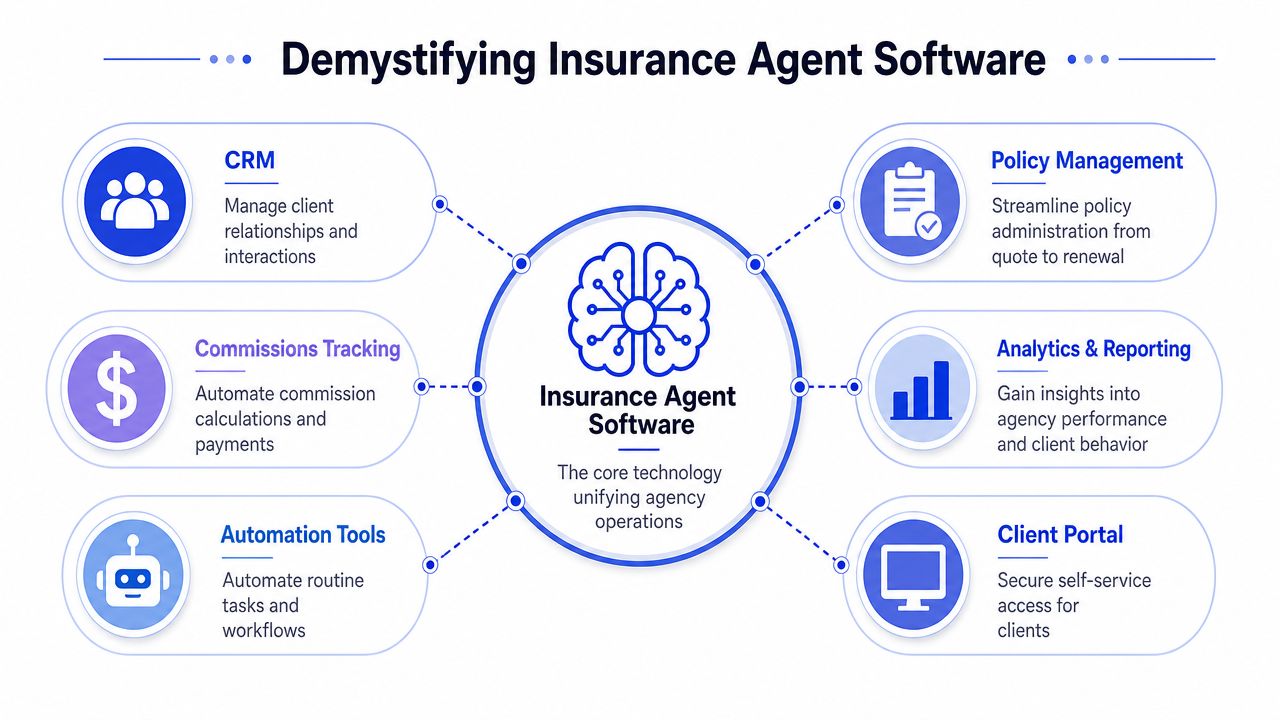 A diagram illustrating the core components of insurance agent software, including CRM, policy management, and automation.
