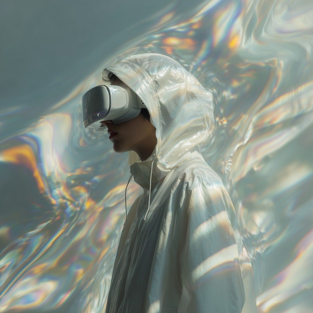 A person wearing a white translucent raincoat and a virtual reality headset is surrounded by an ethereal, iridescent background, creating a futuristic and immersive atmosphere.