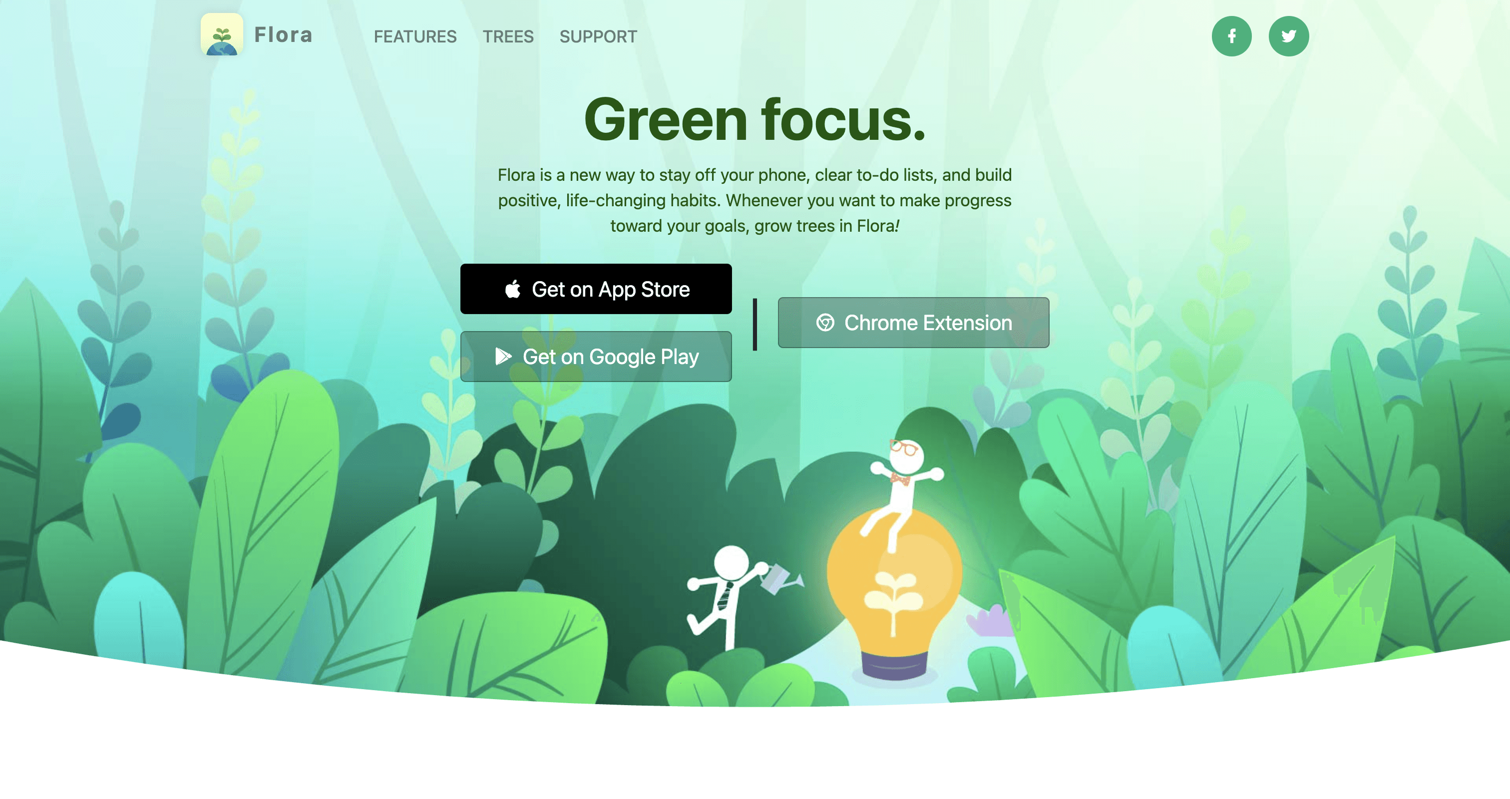 Flora homepage showing a green, nature-themed focus app that helps users stay off their phone.