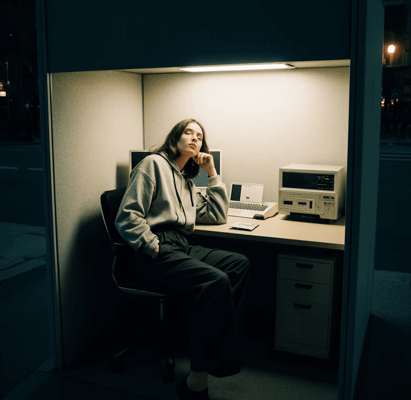 women sitting in a cubicle in the middle of a downtown street