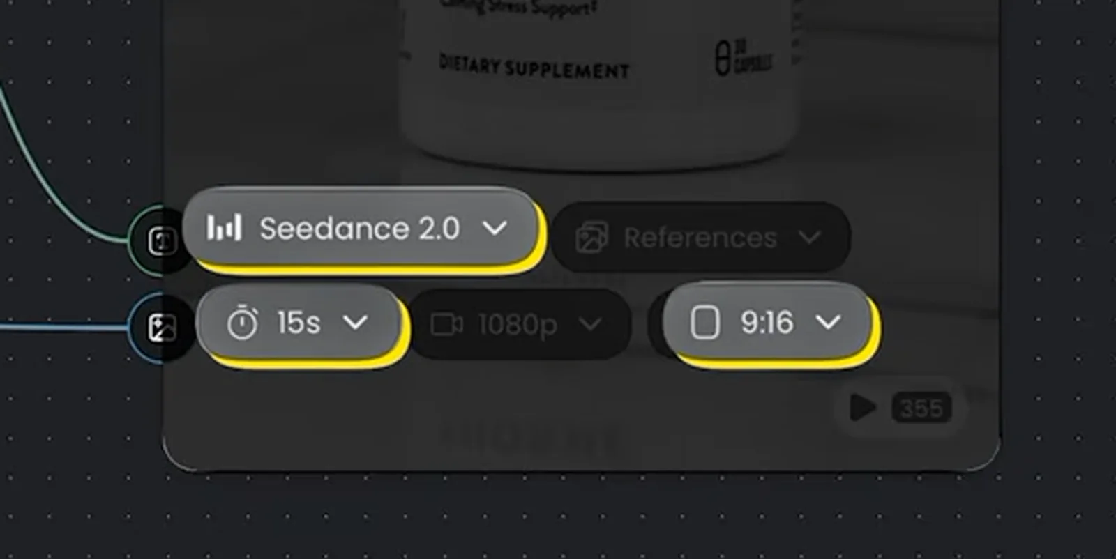 Video Generator node settings: Seedance 2.0 model, 15-second duration, vertical 9:16 aspect ratio
