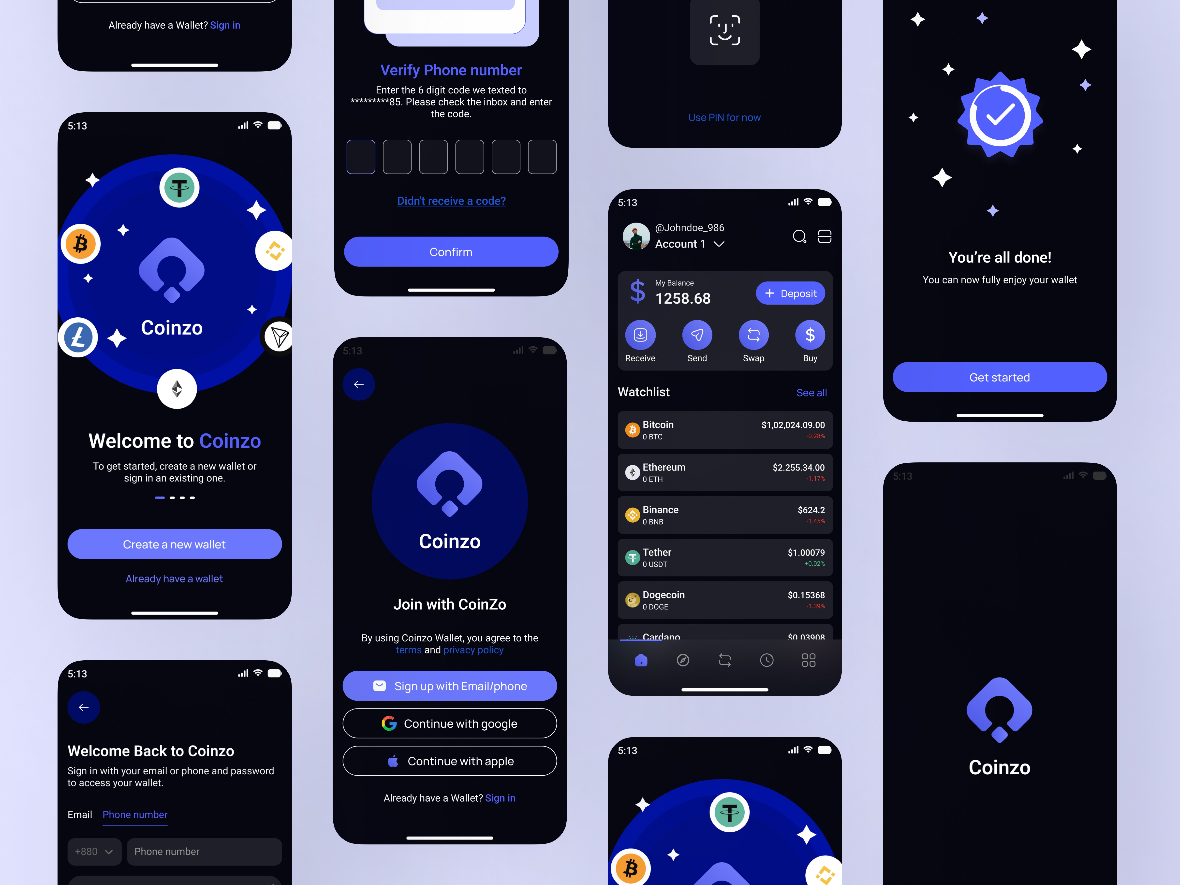 Mockups of onboarding flow and home_Dark mode