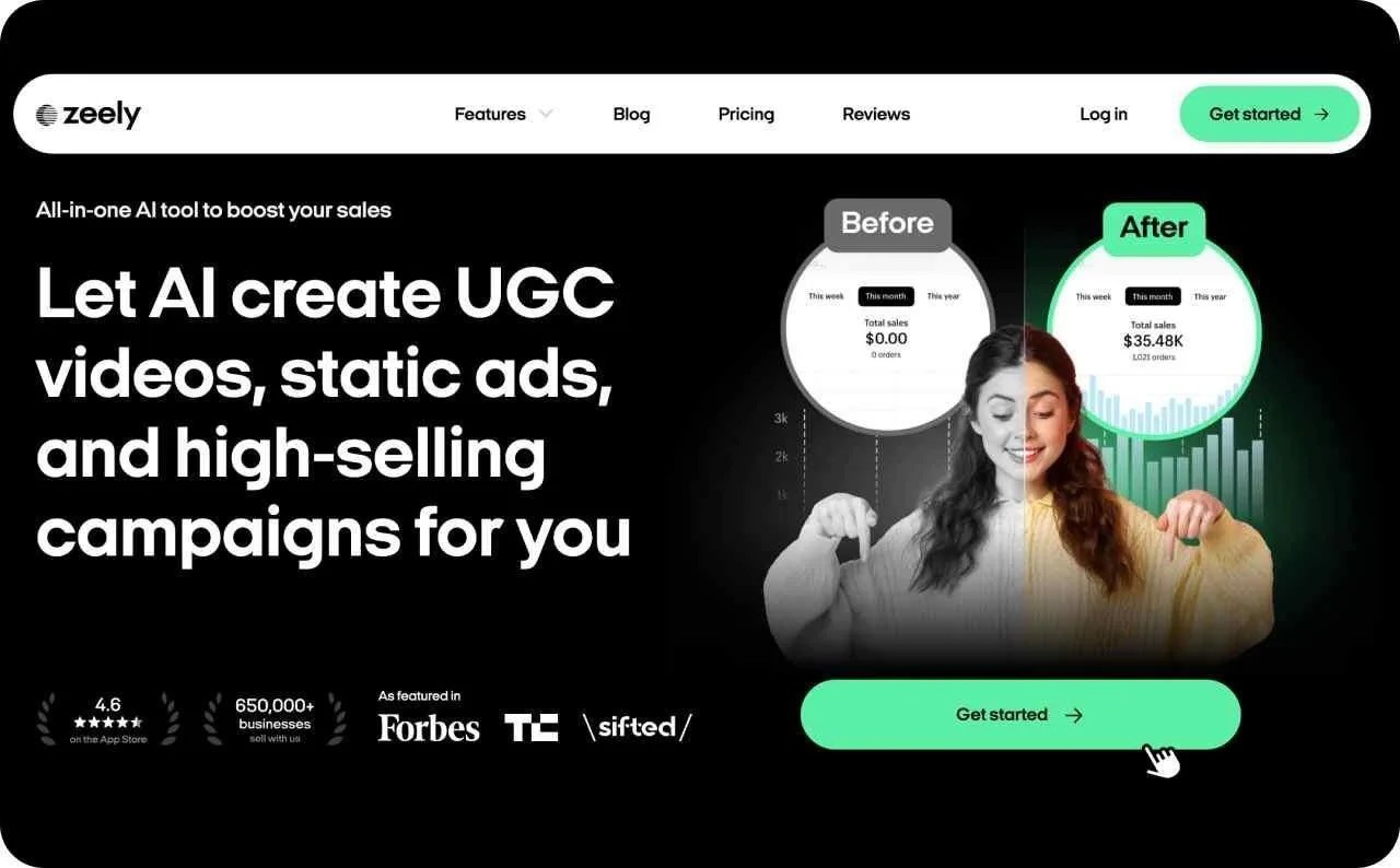 Zeely AI dashboard showing UGC ad creation, Meta ad deployment, and performance analytics