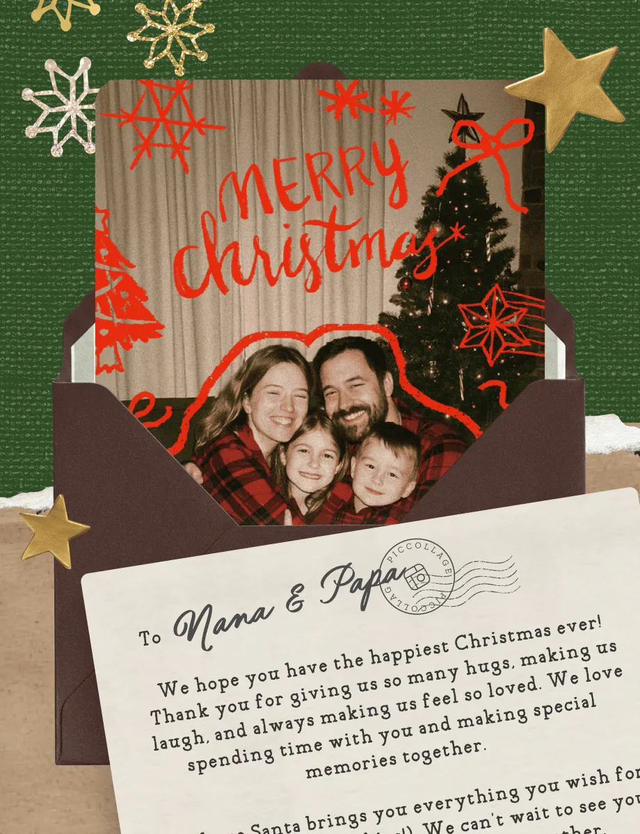 Minimalist holiday card template with a small red gift box illustration on cream background