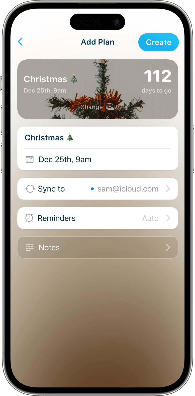 iPhone showing a create screen for a Christmas countdown