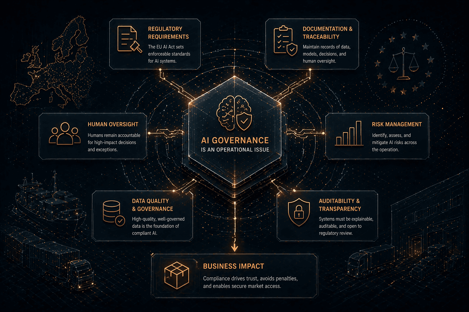 Abstract dark cybernetic governance interface with a central AI control core connected to regulatory, human oversight, data governance, auditability, risk, and business impact panels, representing AI governance as an operational issue, traceable control, and enterprise logistics execution under compliance pressure.