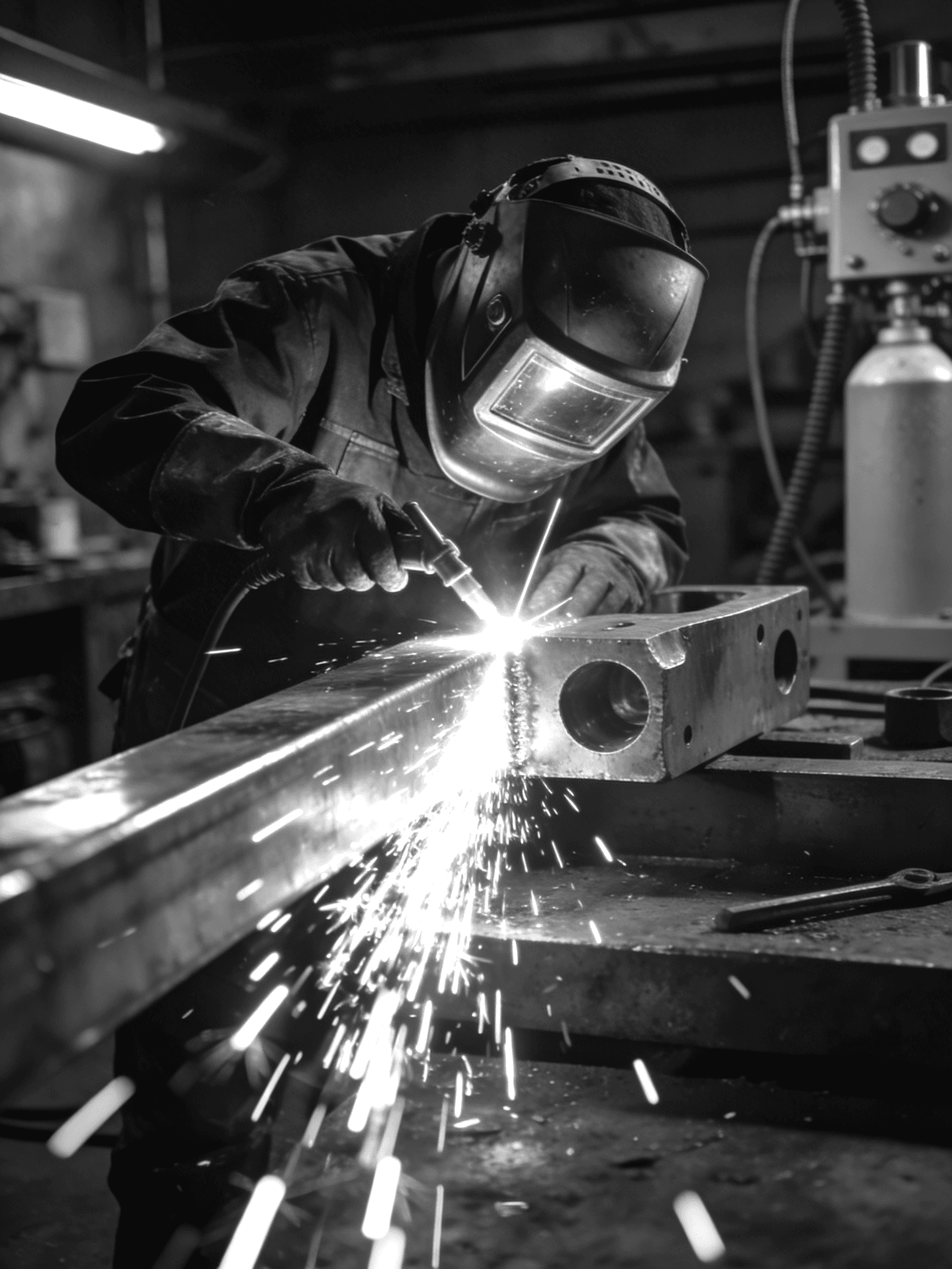 Person welding steel with a welding mask on