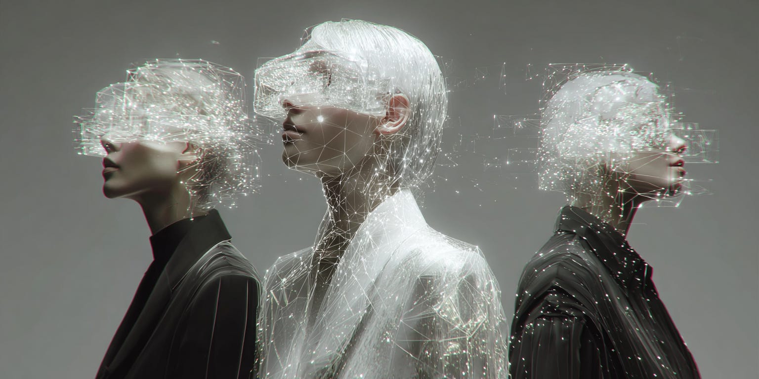 A minimalist, ethereal grayscale image of three women viewed from the side, their heads enveloped in glowing, crystalline geometric wireframes and digital particles. The structure suggests a fusion of human consciousness with complex AI algorithms, reflecting the "Augmented Authenticity" theme of the article.