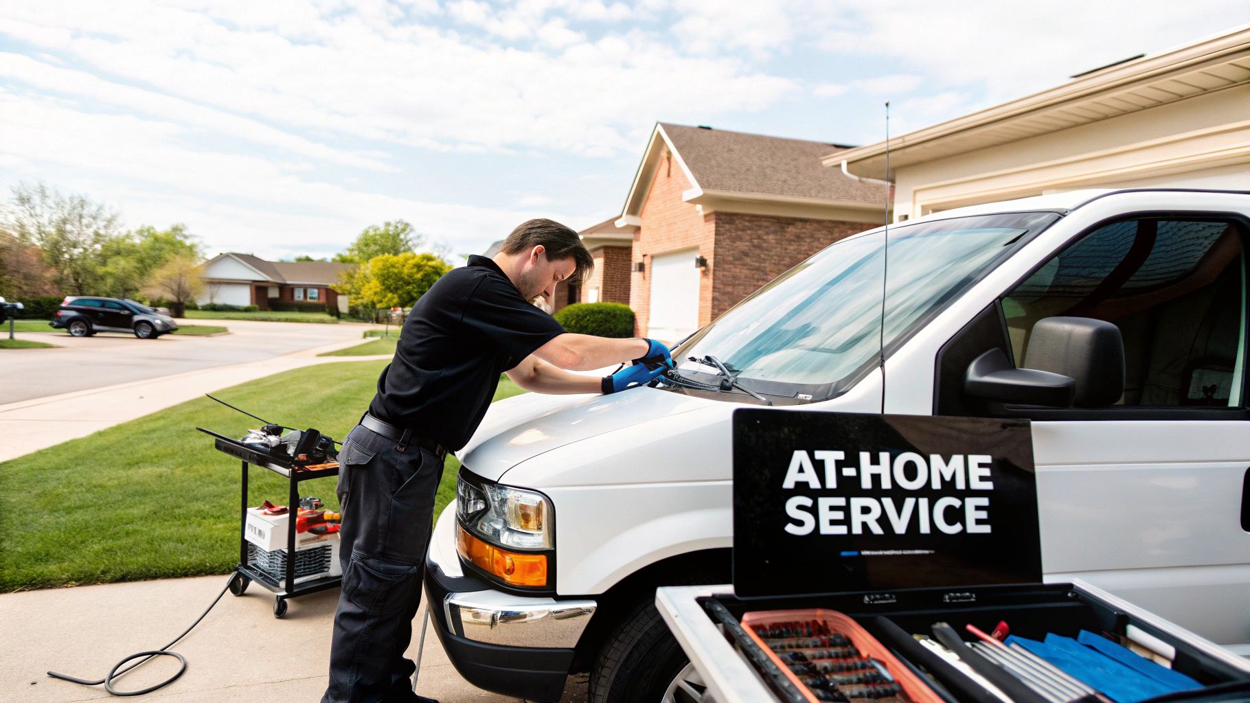 A technician in blue gloves performs an at-home windshield repair on a white service van in a residential setting.