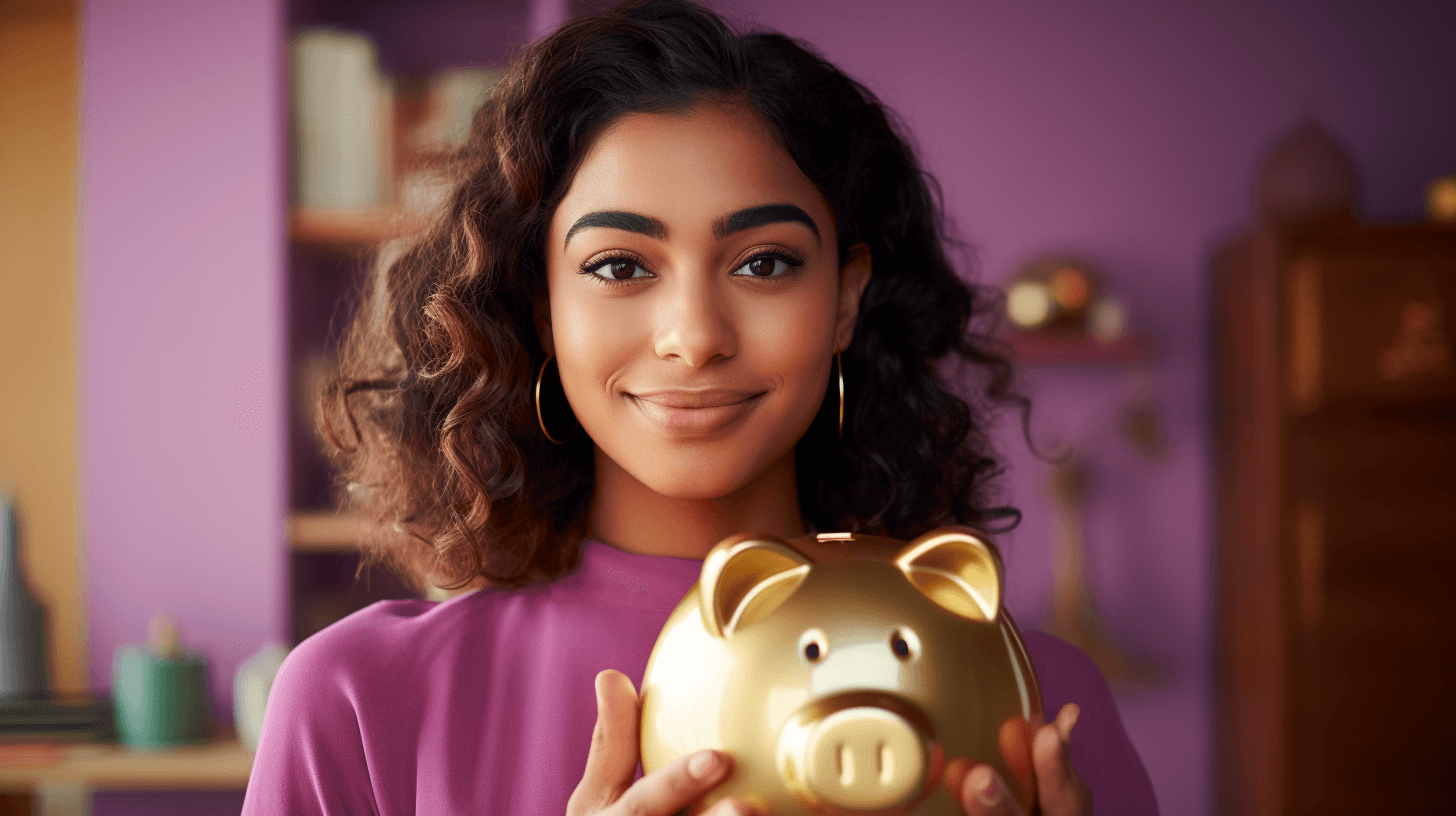 A young woman holds a golden piggy bank