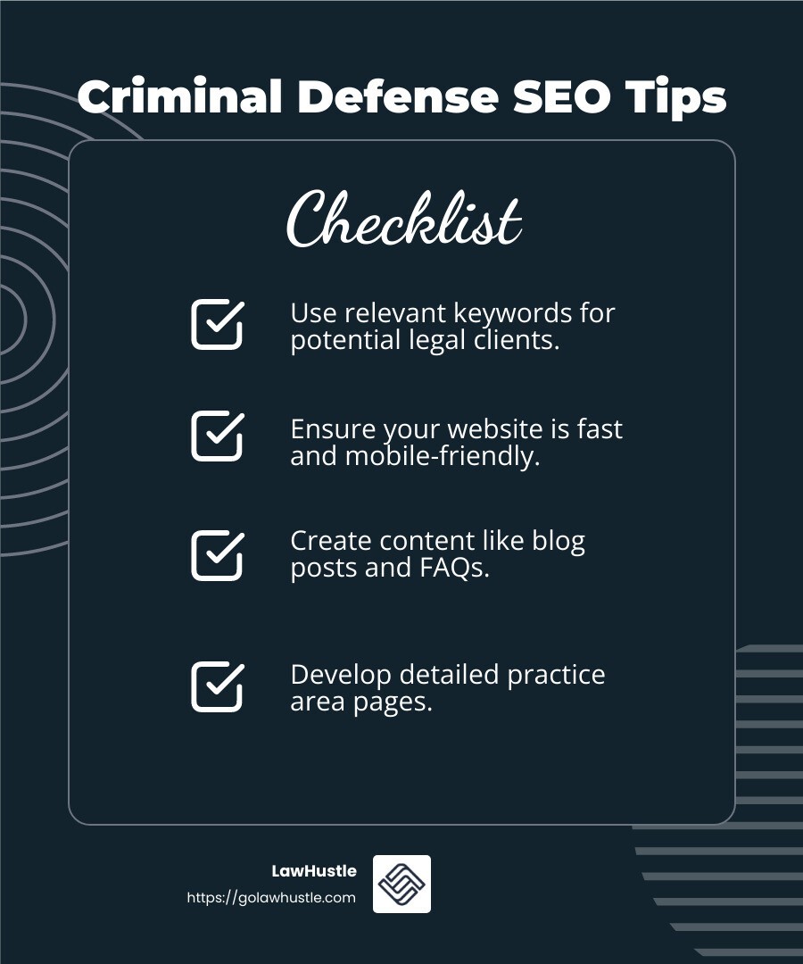 SEO for Criminal Defense Lawyers - seo for criminal defense lawyers infographic checklist-dark-blue