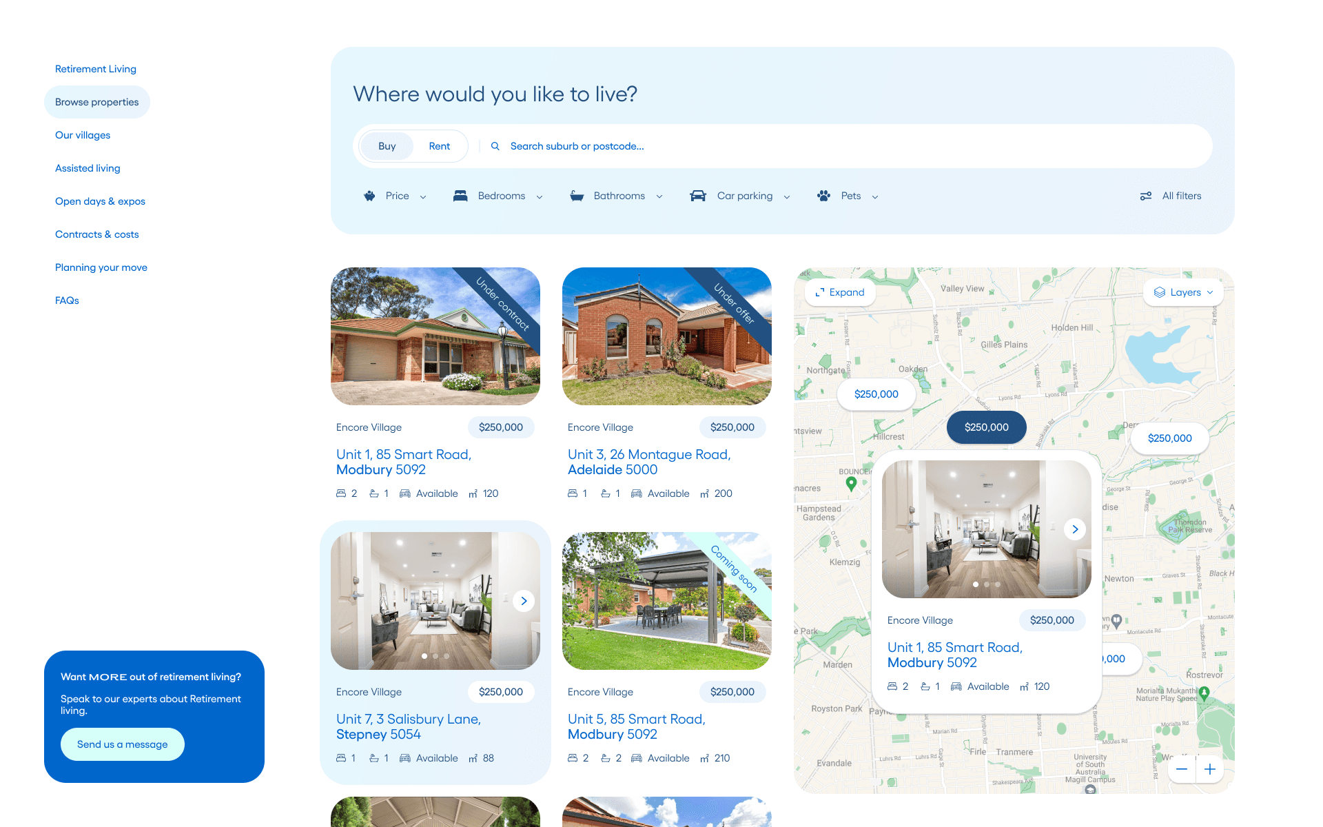 A screenshot of the 'ECH' Retirement Living page with houses for sale.