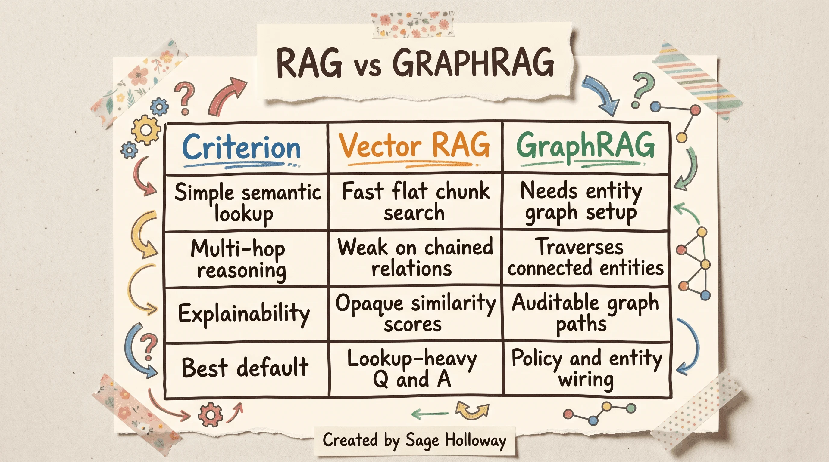 Table comparing vector RAG and GraphRAG on semantic lookup, multi-hop reasoning, and explainability