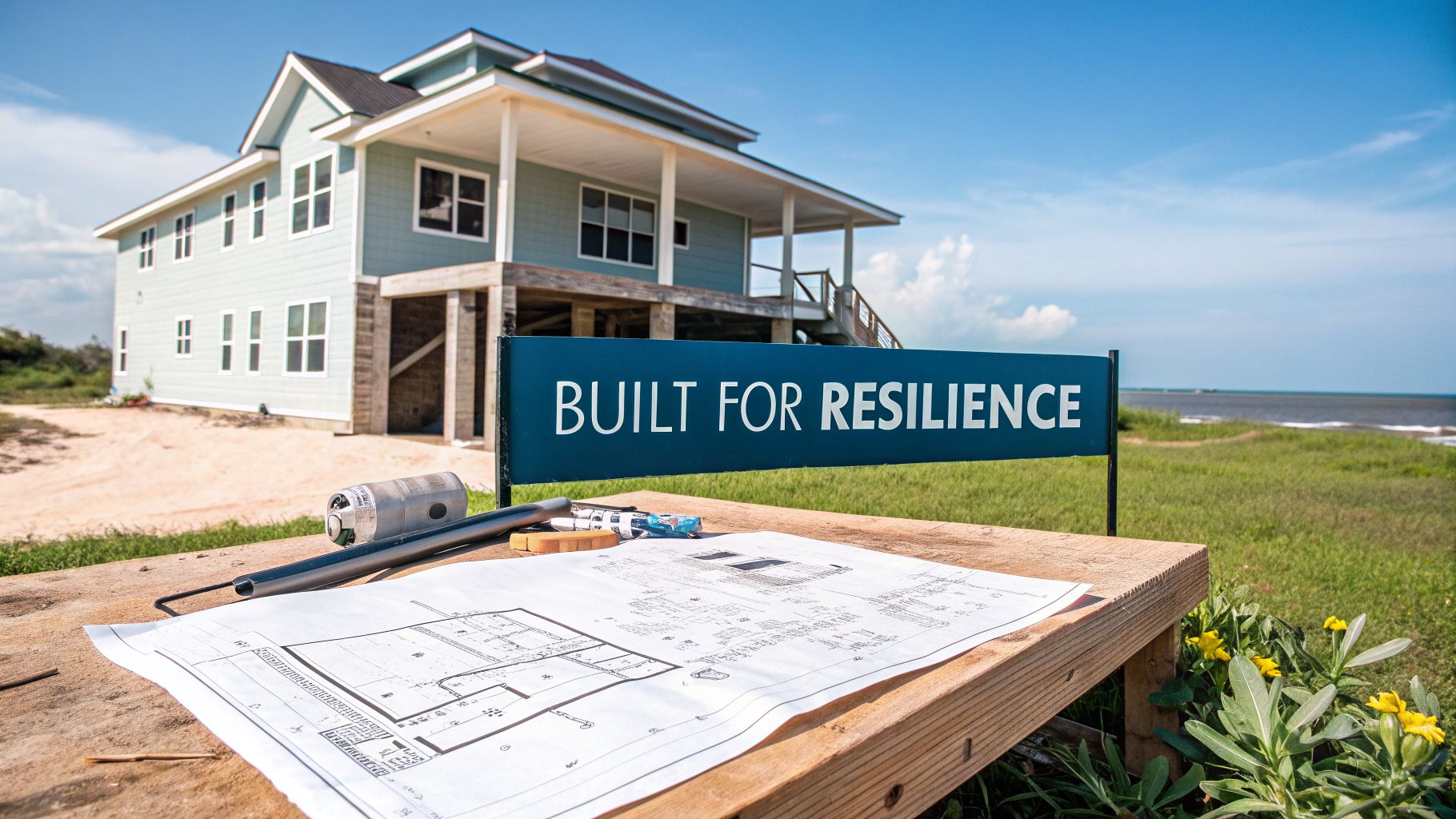 Blueprints on a table in front of a modern, resilient coastal home with an ocean view.