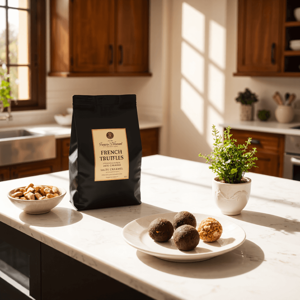 product photography of a bag of French truffles with salted caramel