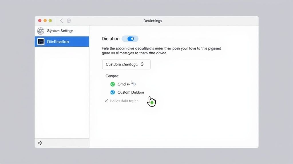 A macOS System Settings window displaying dictation options, including a toggle, text field, and shortcut checkboxes.