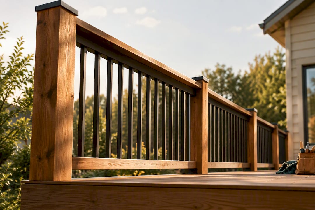 Residential deck railing viewed from below