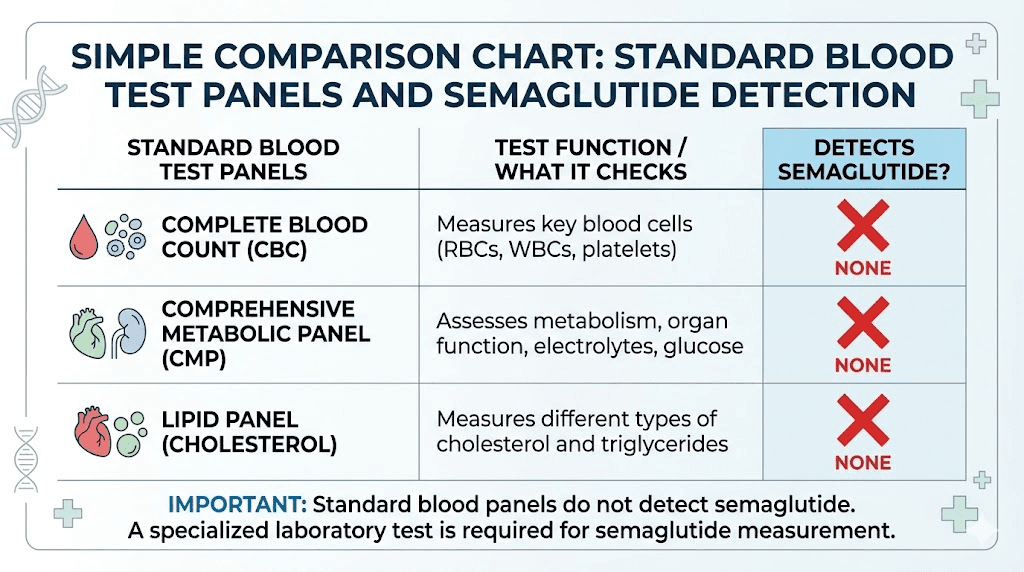 Standard blood test panels and whether they detect semaglutide