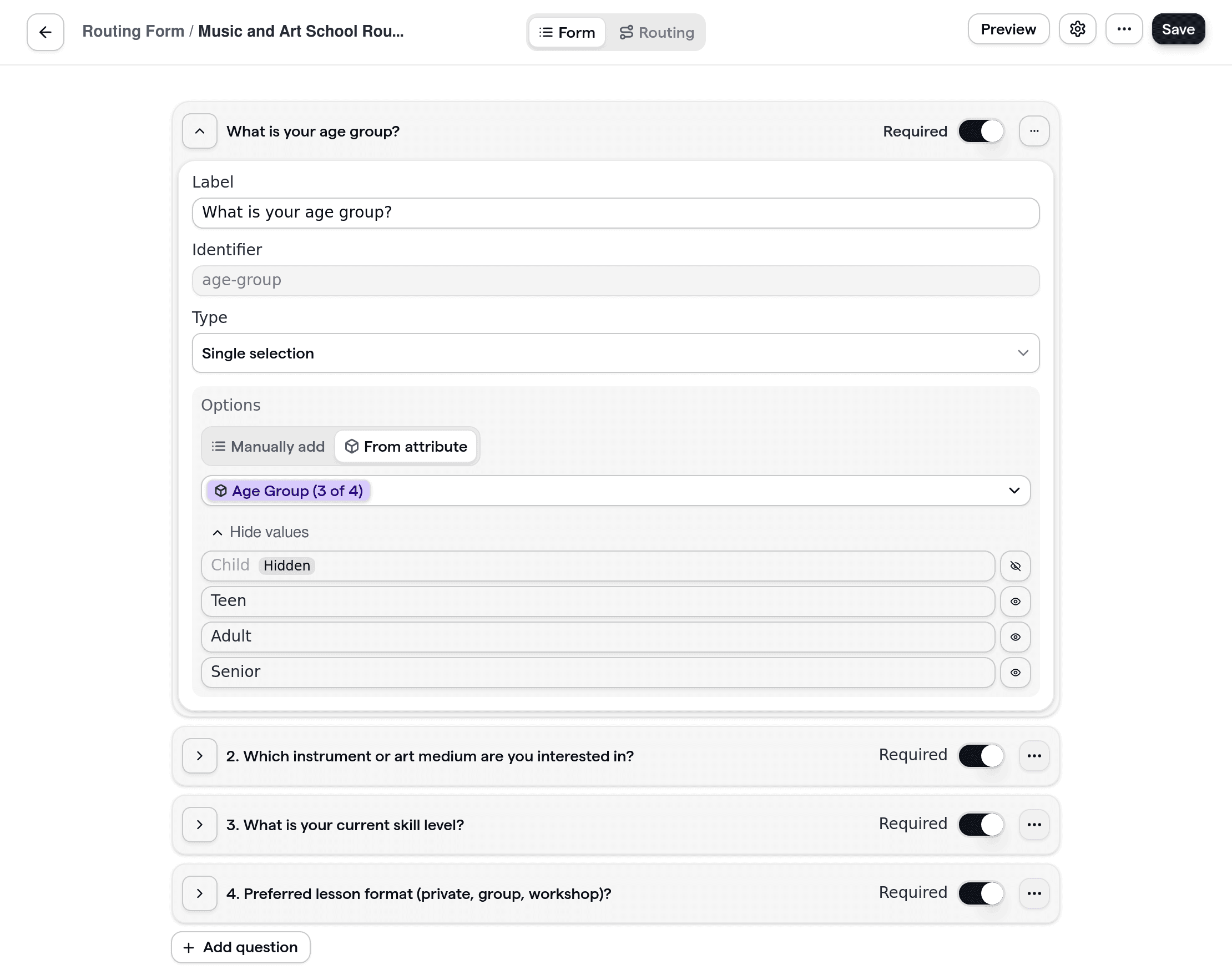 Musik- und Kunstschul-Routing-Formular mit maßgeschneiderten Fragen zu den Interessen der Schüler, ihrem Fähigkeitsniveau und den bevorzugten Unterrichtsformaten.