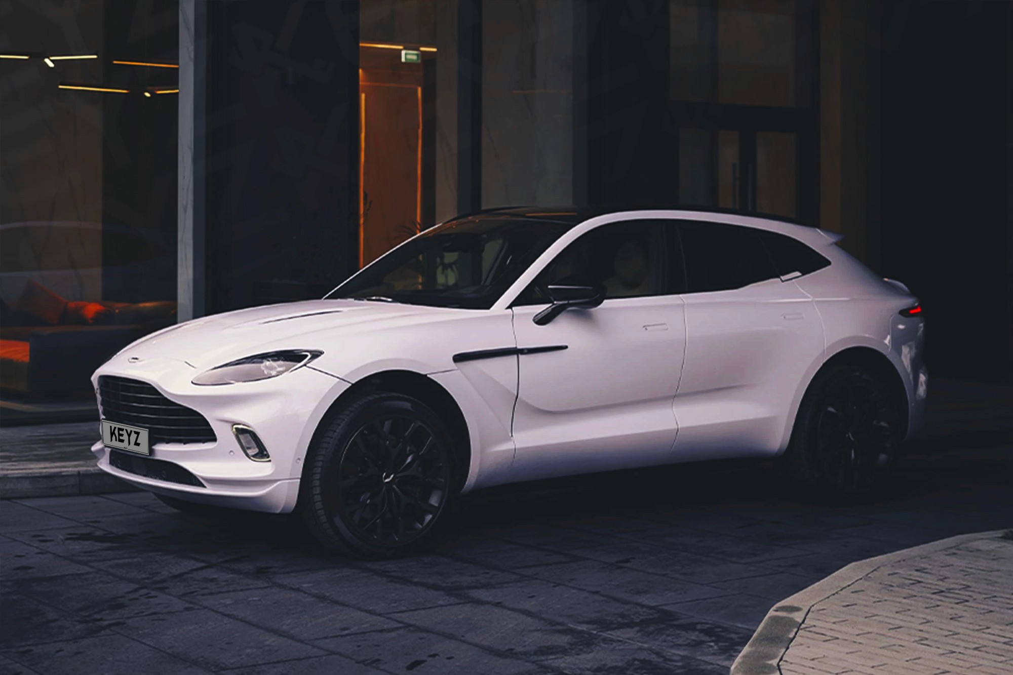 Vue extérieure Aston Martin DBX Blanc – Location Voiture de luxe à Dubaï | Keyz Rent