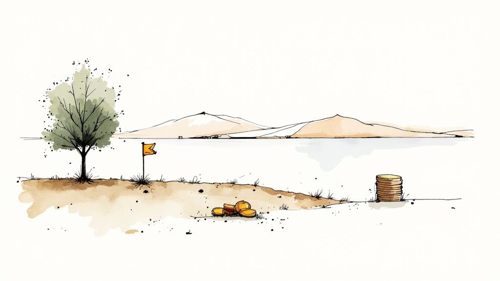 Watercolor illustration of sparse desert landscape with tree, flag, and coins representing limited nonprofit resources