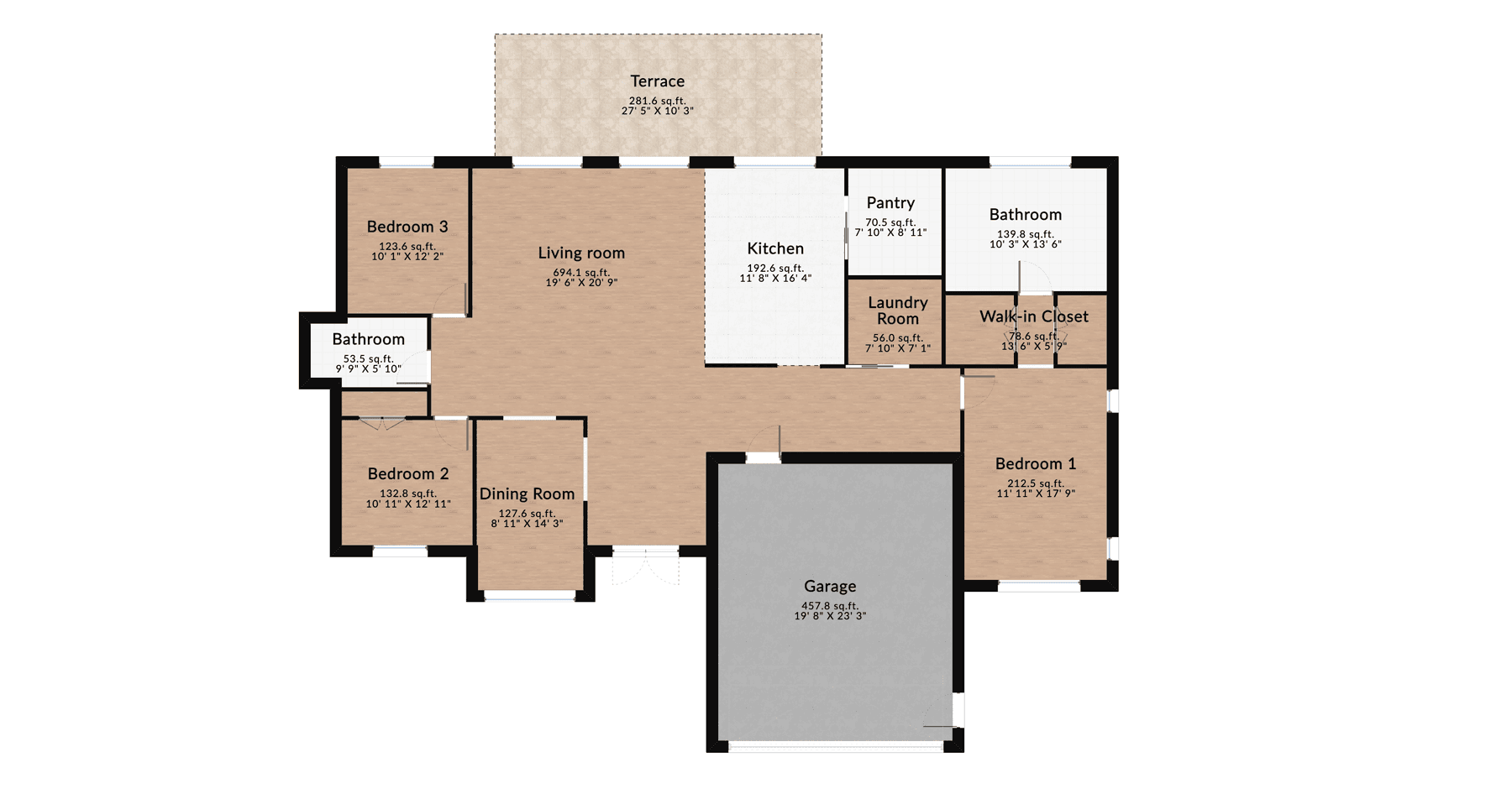 Spacious three-bedroom house floor plan featuring a large living area, kitchen, dining room, garage, and terrace.