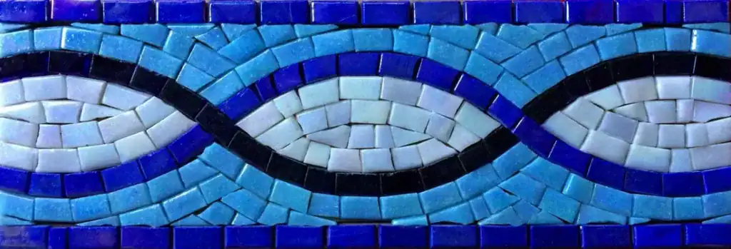 Guilloche Ribbon mosaic border, Blue, white and black, hand-cut — reference H-04, Mosaiclegs Art Studio