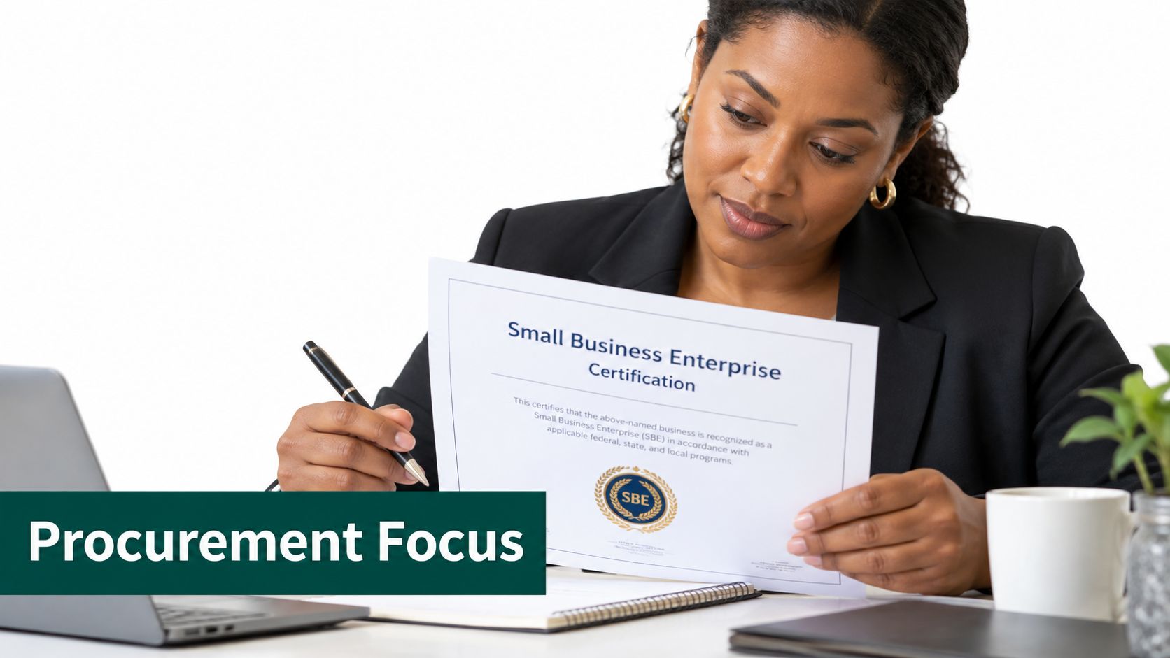A professional woman examining a Small Business Enterprise certification document at her desk with a laptop.