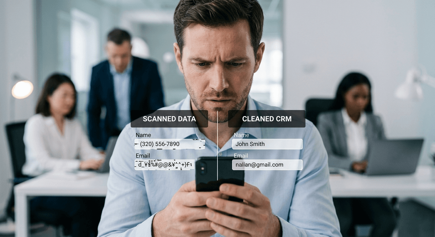Incorrect multilingual OCR data compared to clean CRM-ready lead data with Habsy