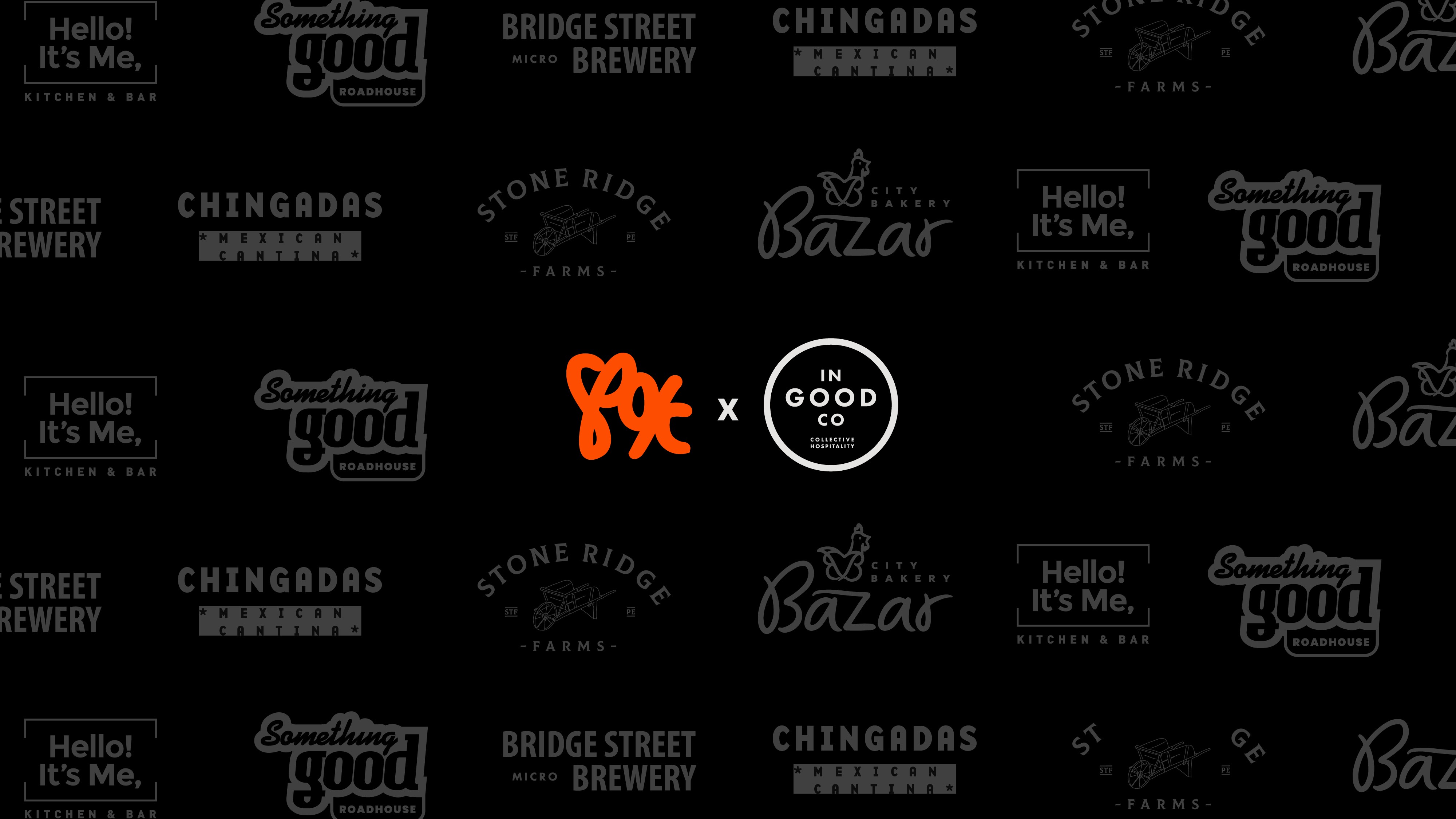 Partnership graphic featuring the orange Spokoloc logo and the circular In Good Co Collective Hospitality logo centered on a black background, overlaid on a repeating pattern of muted hospitality brand logos including Hello! It’s Me, Something Good Roadhouse, Bridge Street Brewery, Chingadas Mexican Cantina, Stone Ridge Farms, and City Bakery Bazar.