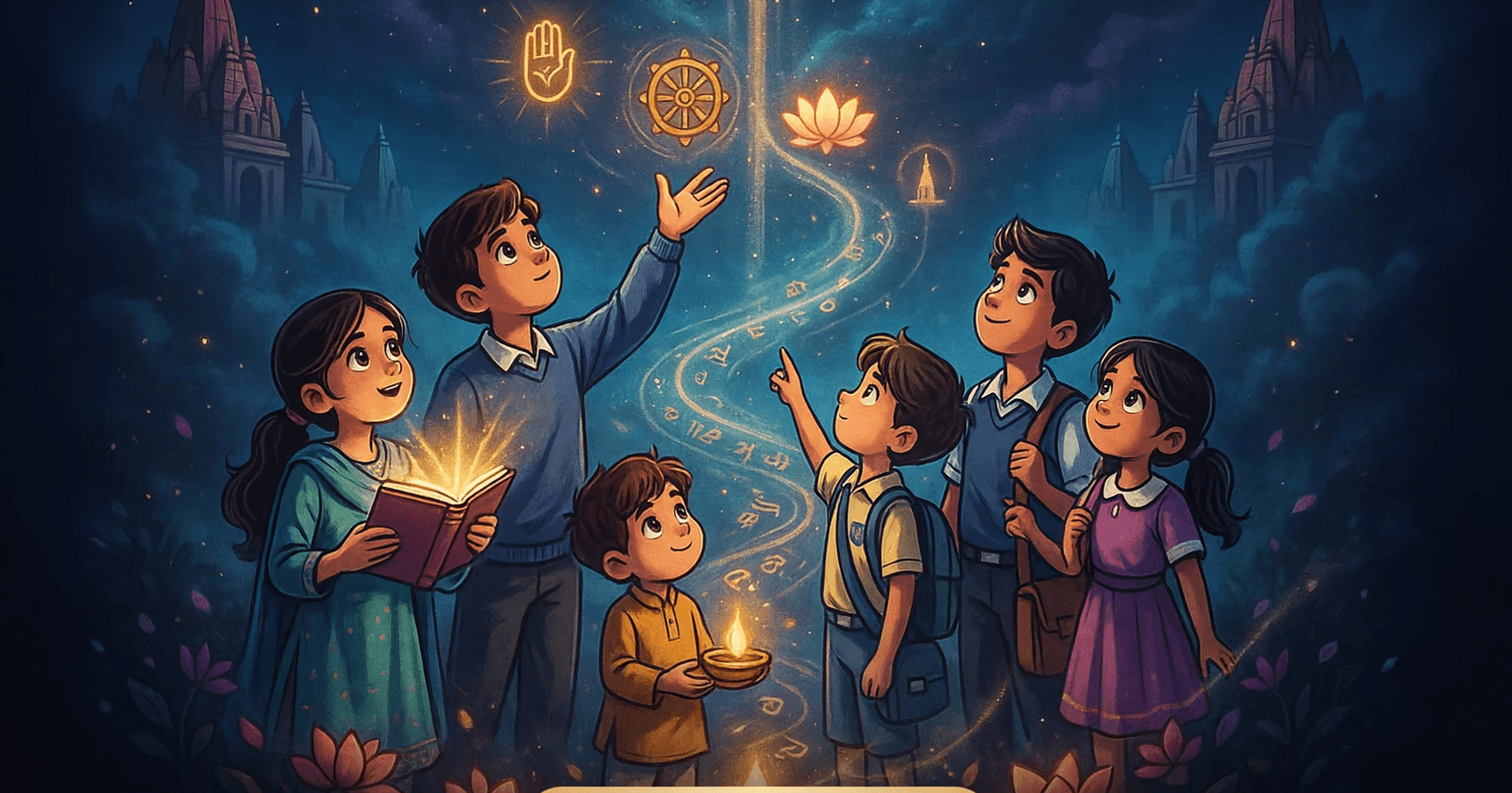 Illustration of children exploring Jain wisdom together